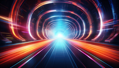A vibrant tunnel of light with streaks of color, suggesting speed and movement towards a bright focal point.