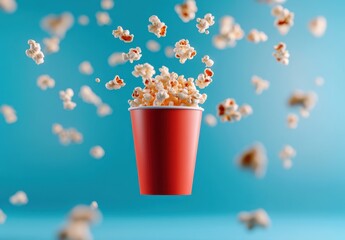 A Vibrant Red Cup Overflowing with Fluffy Popcorn Against a Bright Blue Background Capturing the Essence of Movie Time Snacks and Enjoyable Treats