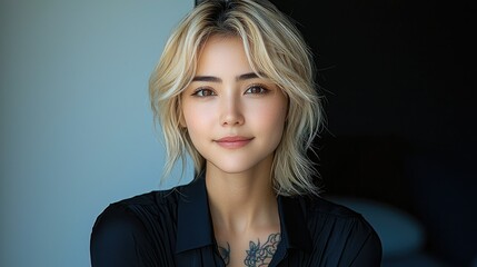 Portrait of a young woman with blonde hair and a subtle smile