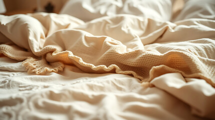 Cream Knit Blanket on a Cozy Bed: A Serene and Peaceful Bedroom Scene