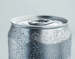 Close-up of a Cold Aluminum Can with Water Droplets on Surface against a Soft Background, Ideal for Refreshing Beverage Concepts and Marketing