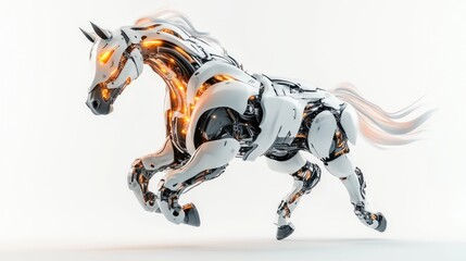 Futuristic robotic horse in motion, white and orange glowing joints, isolated on white background.