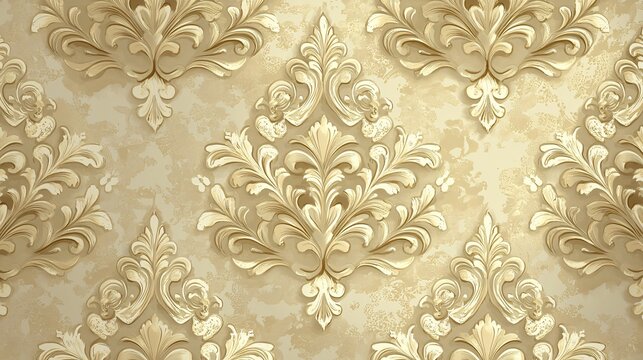 Elegant gold damask pattern on beige textured background.
