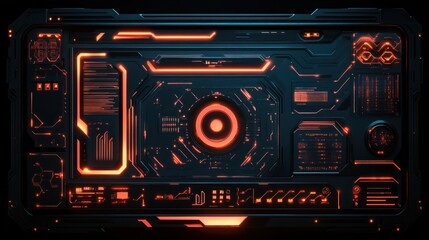 Obraz premium Futuristic tech interface with glowing orange elements on dark background.