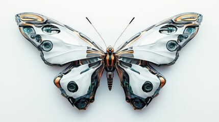 Futuristic robotic butterfly with metallic wings and body, isolated on white background.