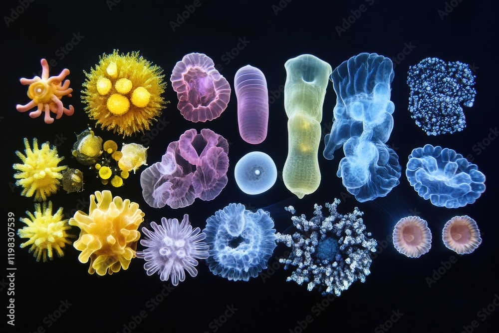 Aufkleber sequence illustrating the evolution of various bacterial forms in a laboratory setting within a micr