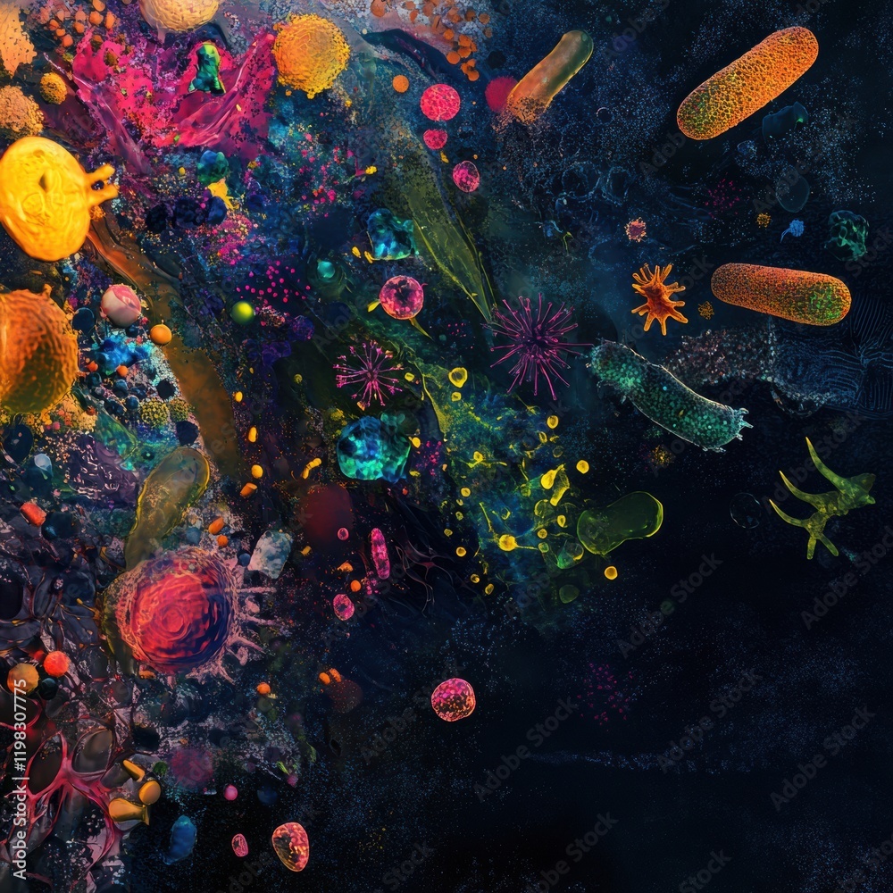 Aufkleber exploration of colorful array of bacteria and microbes in diverse ecosystems under microscopic view.