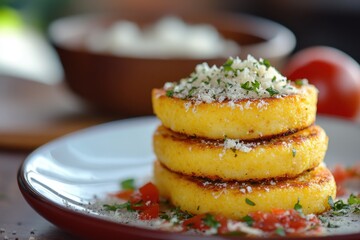 Crispy polenta rounds topped with melted cheese traditional Italian dish