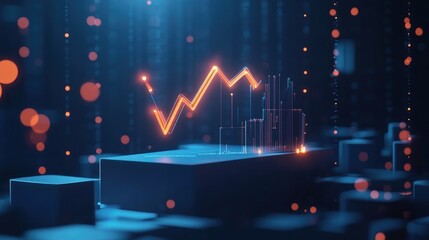 Glowing upward graph on dark blue digital background.
