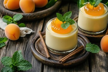 Cup of Panna Cotta classic Italian treat featuring apricot jelly spicy yellow habanero cinnamon and fresh mint garnish