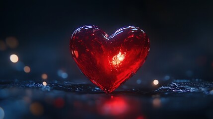 red heart with a glossy finish, glowing softly against a dark background to capture the romance of Valentine's Day
