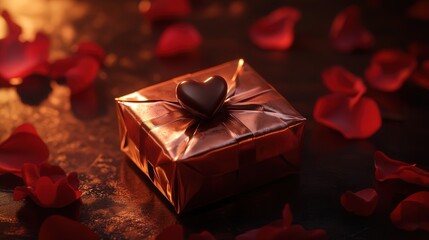 beautiful box of chocolates wrapped in shiny paper, surrounded by soft lighting and rose petals, symbolizing love for Valentine Day