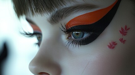 Close-up of a Woman's Eye with Bold Orange and Black Makeup