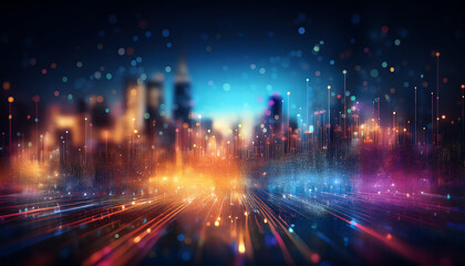 Fototapeta premium A vibrant, blurred city skyline illuminated with colorful lights, creating a futuristic and dreamy atmosphere.