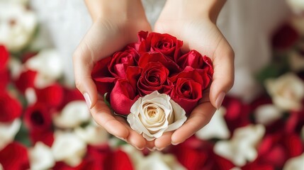 beautiful image of soft hands holding a bouquet of red and white roses, with gentle petals surrounding the delicate fingers.