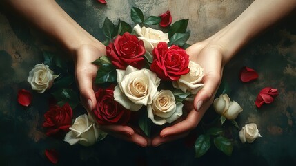beautiful image of soft hands holding a bouquet of red and white roses, with gentle petals surrounding the delicate fingers.