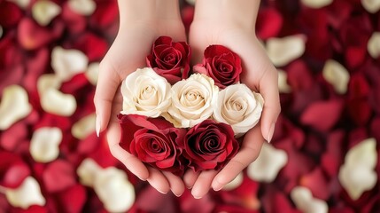 beautiful image of soft hands holding a bouquet of red and white roses, with gentle petals surrounding the delicate fingers.