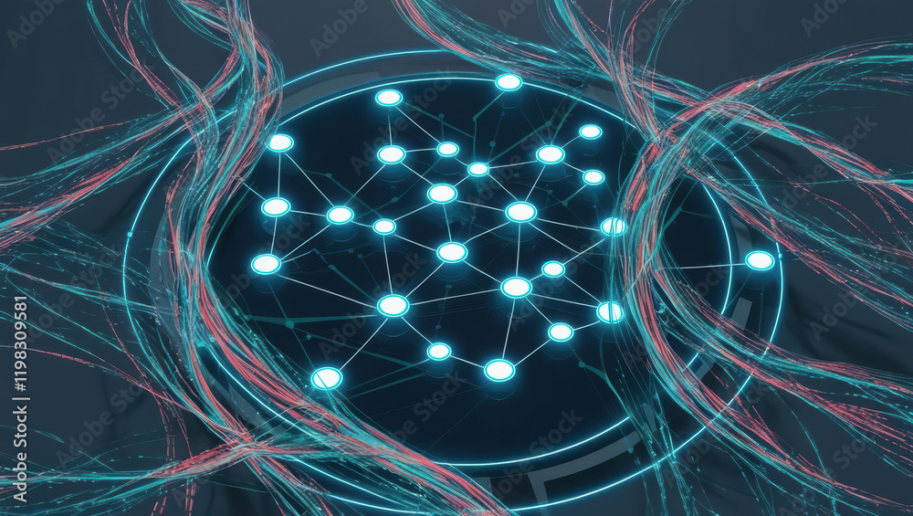 Poster glowing network of nodes surrounded by swirling data streams, illustrating virtual asset ecosystems 