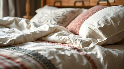 Cozy and Serene Bedroom: Soft Linen Bedding and Pillows. Peaceful and Relaxing Interior Design. Natural Textures and Elegant Simplicity.