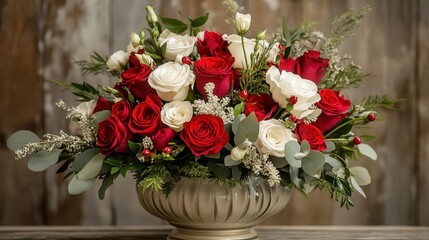 Valentine's Day bouquet of red roses with accents of white, presented in an elegant vase to brighten your loved one's day