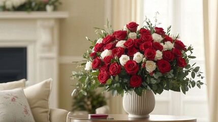 Valentine's Day bouquet of red roses with accents of white, presented in an elegant vase to brighten your loved one's day