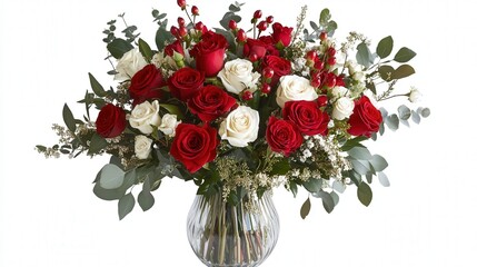 Valentine's Day bouquet of red roses with accents of white, presented in an elegant vase to brighten your loved one's day