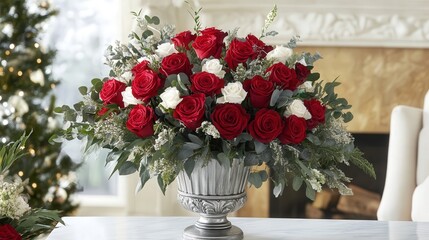 Valentine's Day bouquet of red roses with accents of white, presented in an elegant vase to brighten your loved one's day