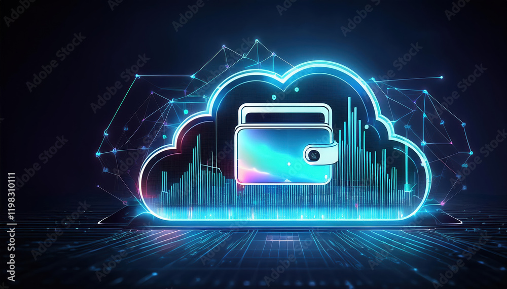 Poster glowing cloud wallet interface with fluctuating graphs and digital elements