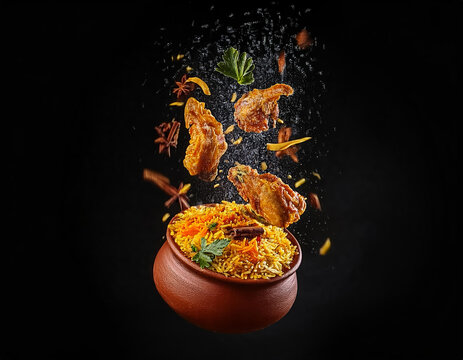 indian chicken biryani, Spicy chicken biryani food photography, flying food, black background.
