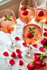 Delightfully arranged rose-flavored cocktails garnished with raspberries and fresh mint, complemented by rose petals on a sophisticated marble surface, exuding elegance and a sense of refined celebrat