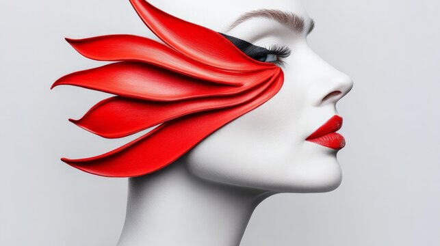 Red Bloom Headpiece: A striking profile of a mannequin adorned with a vibrant, sculpted red floral headpiece.  The bold design creates a dramatic and artistic statement, showcasing texture and form.