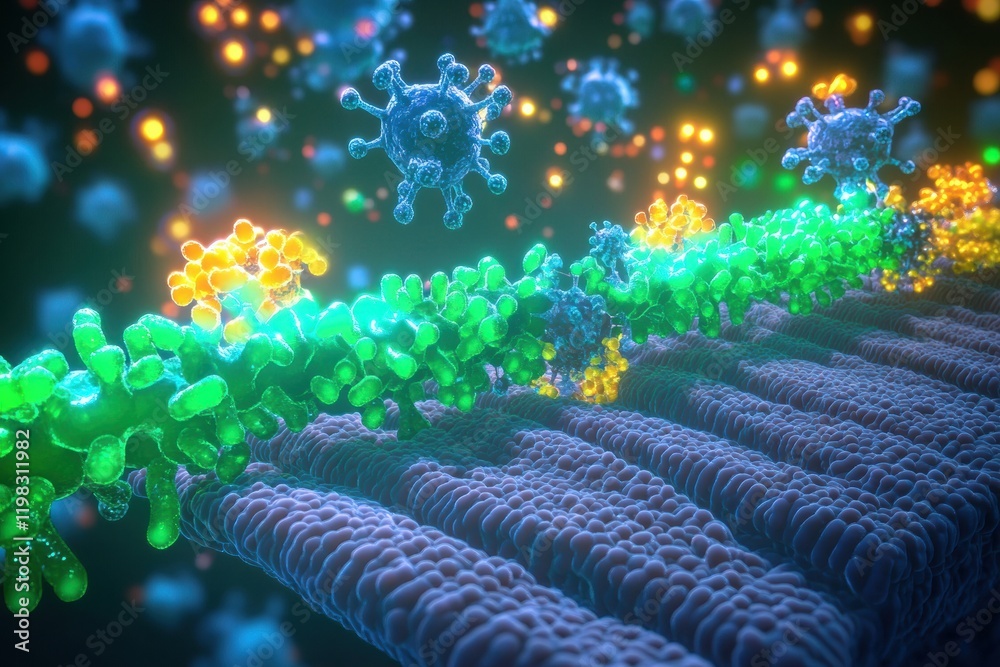 Poster exploring molecular interactions with microbes and their dynamic processes in close up. generative a