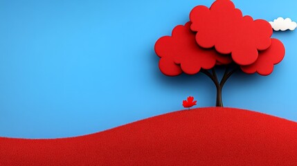 Red Tree on Blue Hill: A stylized, minimalist illustration of a red tree on a red hill against a blue background. The design is simple, clean, and visually striking, suitable for various applications.