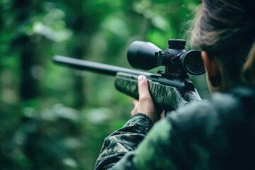 Fototapeta premium Female hunter with rifle in forest aiming through monocular wild scenery banner for business