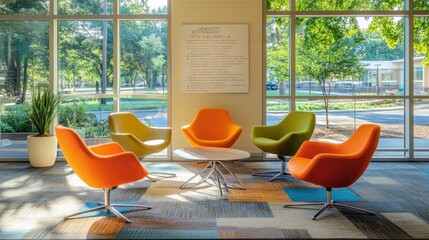 A bright and vibrant meeting space with colorful chairs and an inspiring quote on the wall.