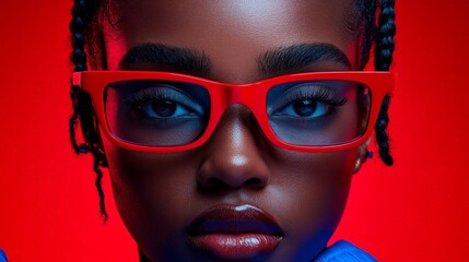 Red Light, Fierce Gaze: A powerful portrait of a young woman with striking beauty, showcasing her confidence and strength through piercing eyes and bold red glasses, bathed in dramatic red lighting.
