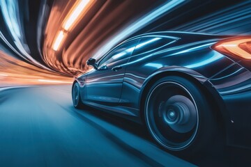 Fuzzy tunnel with lights and speeding cars