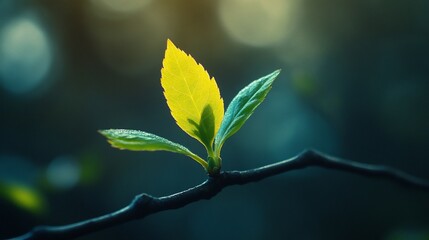 New leaf sprout, spring growth, forest background, nature rebirth