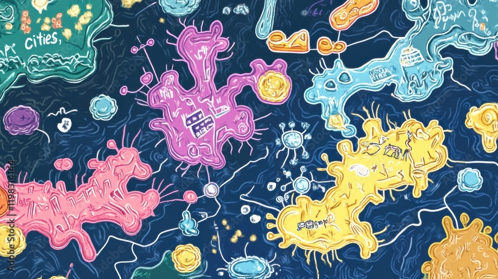 Poster Playful map showcasing colorful bacteria colonies represented as vibrant cities on a whimsical background. Generative AI