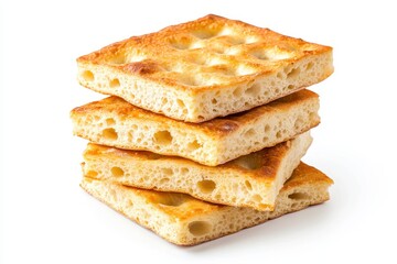 Fototapeta premium Genoese focaccia slices stacked separately on a white background with clipping path