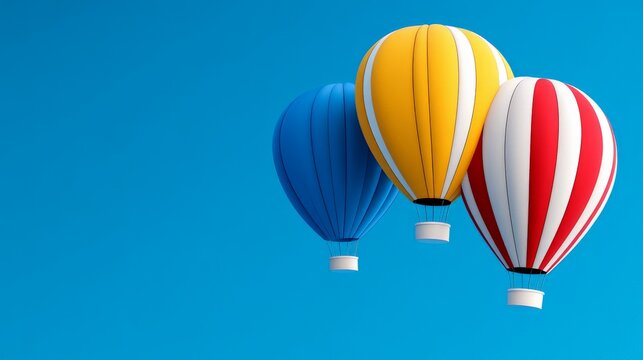 Colorful Hot Air Balloons Soaring High: Three vibrant hot air balloons, each in a distinct color combination, ascend gracefully against a crisp blue sky, symbolizing aspiration, adventure.