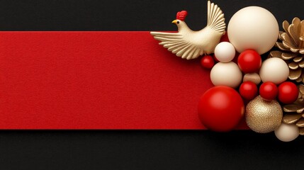 Red and Gold Christmas Decorations: A festive Christmas tableau features a charming arrangement of red and gold Christmas ornaments, a golden dove, and a pine cone.