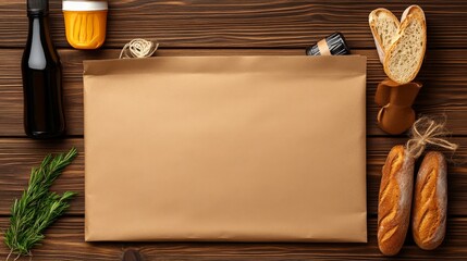 Naklejka premium Brown Paper Bag Mockup: A rustic, overhead shot featuring a blank brown paper bag surrounded by various artisanal food items including bread, a bottle.