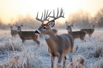 Group of white tailed deer in a field on a winter morning