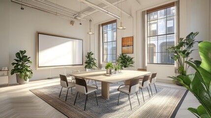 Fototapeta premium A bright meeting room with large windows, potted plants, and a projector screen.