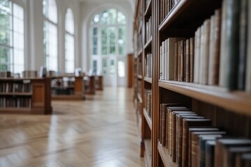 Fototapeta premium The interior of a spacious library showcases rows of wooden bookshelves packed with books. Sunlight enters through large windows, creating a warm and inviting atmosphere, perfect for reading