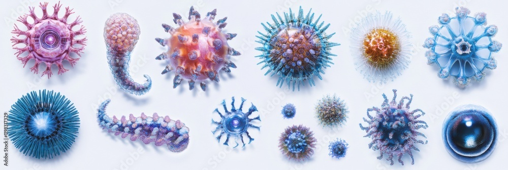 Poster evolving bacteria showcasing diverse forms and structures in a laboratory culture setting over time.
