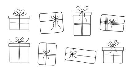 Simple line art depicting various gift boxes with bows arranged in a grid style