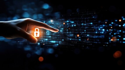 Hand reaching for glowing padlock icon over digital data stream.