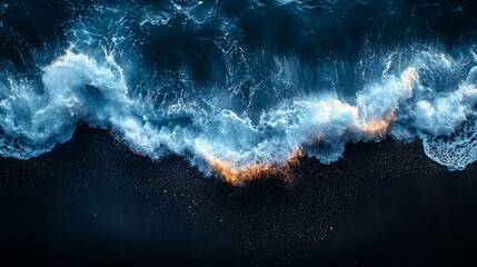 Ocean wave crashing on dark sand beach at night; background sparkles
